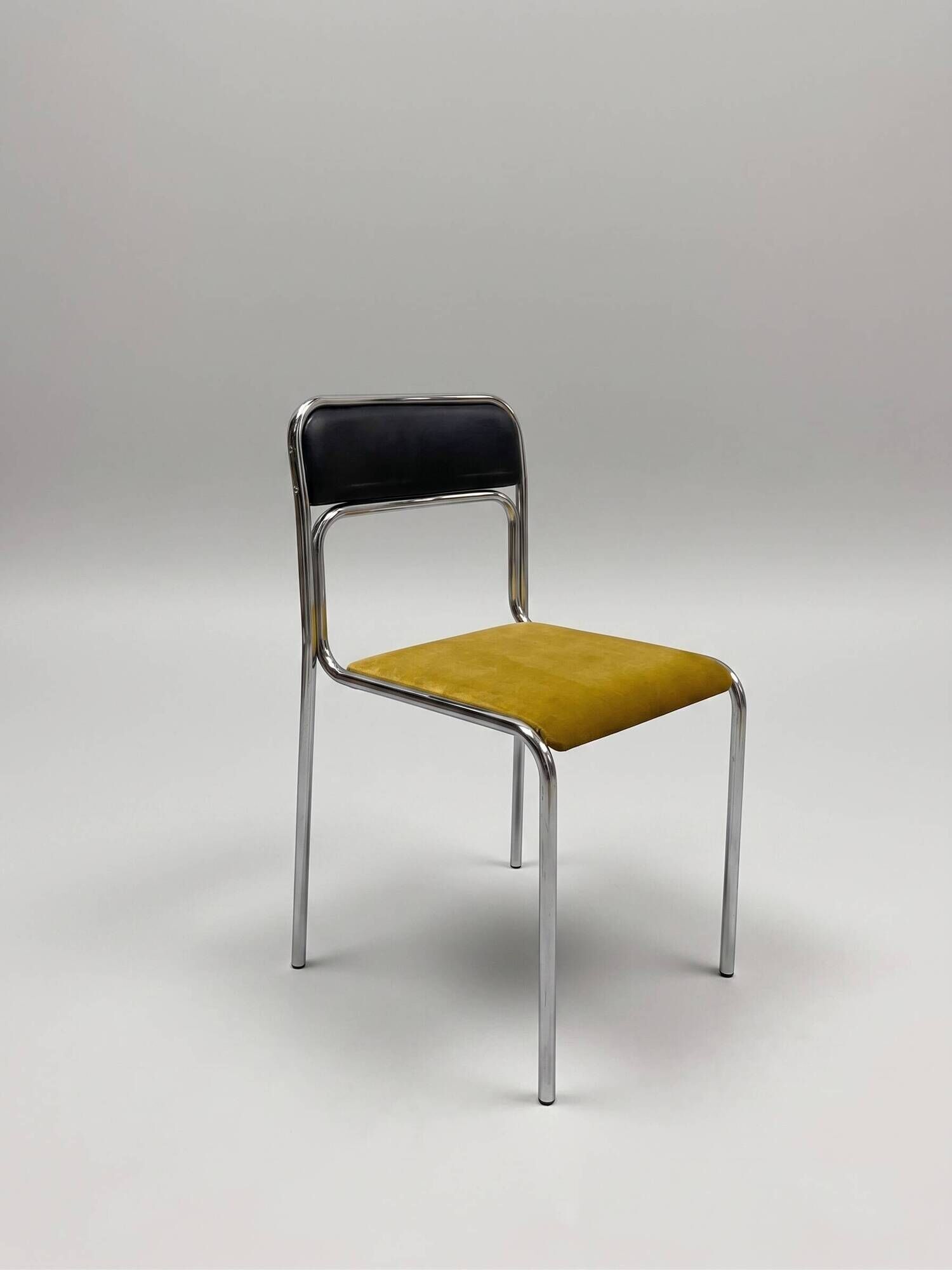 Vintage tubular chair in chrome, skai and yellow velvet, 1970s.