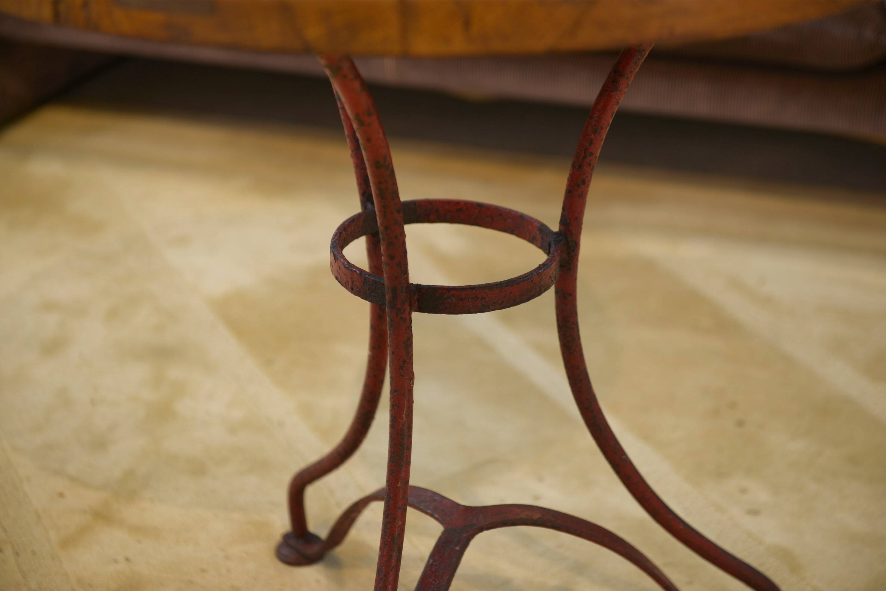 Patinated bistro table with an oak top from the 1950s.