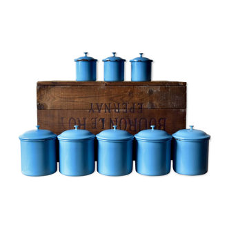 8 vintage enameled tin pots Kockums - Made in Sweden