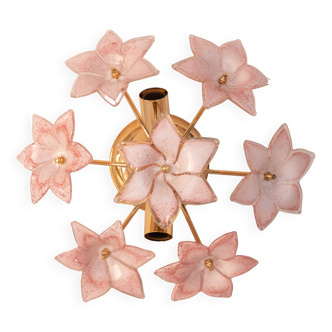 Lovely Murano Vintage Ceiling Light Pink Flowers, 1970s