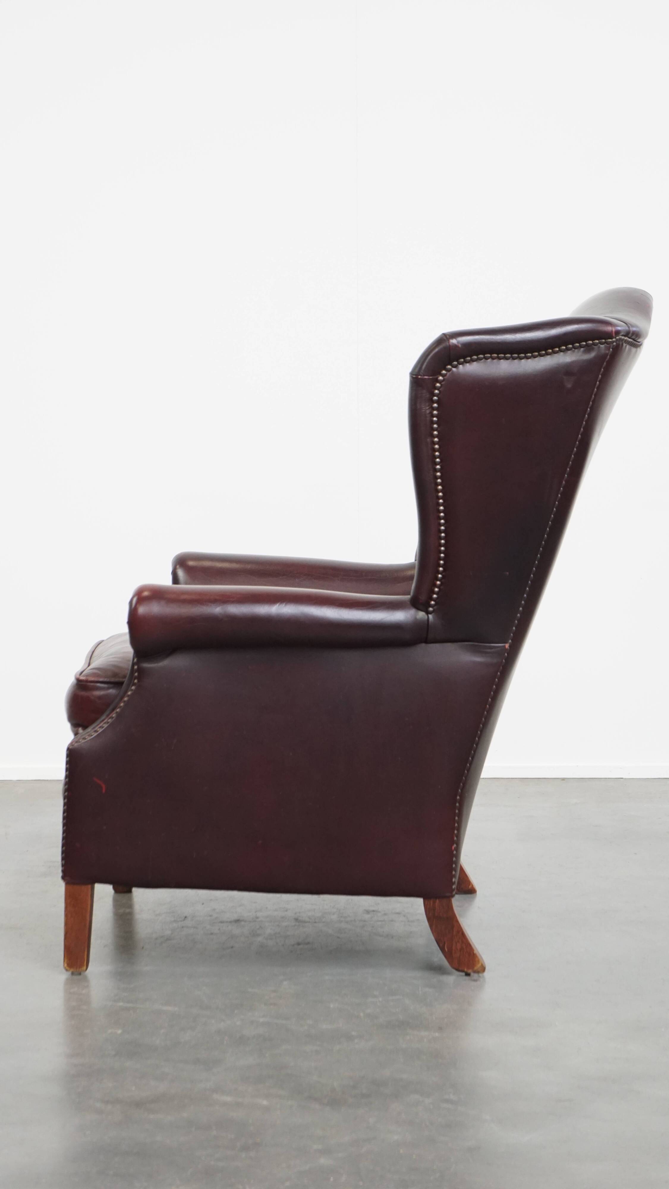 Bordeaux Red Cowhide Wingback Chair in English Style