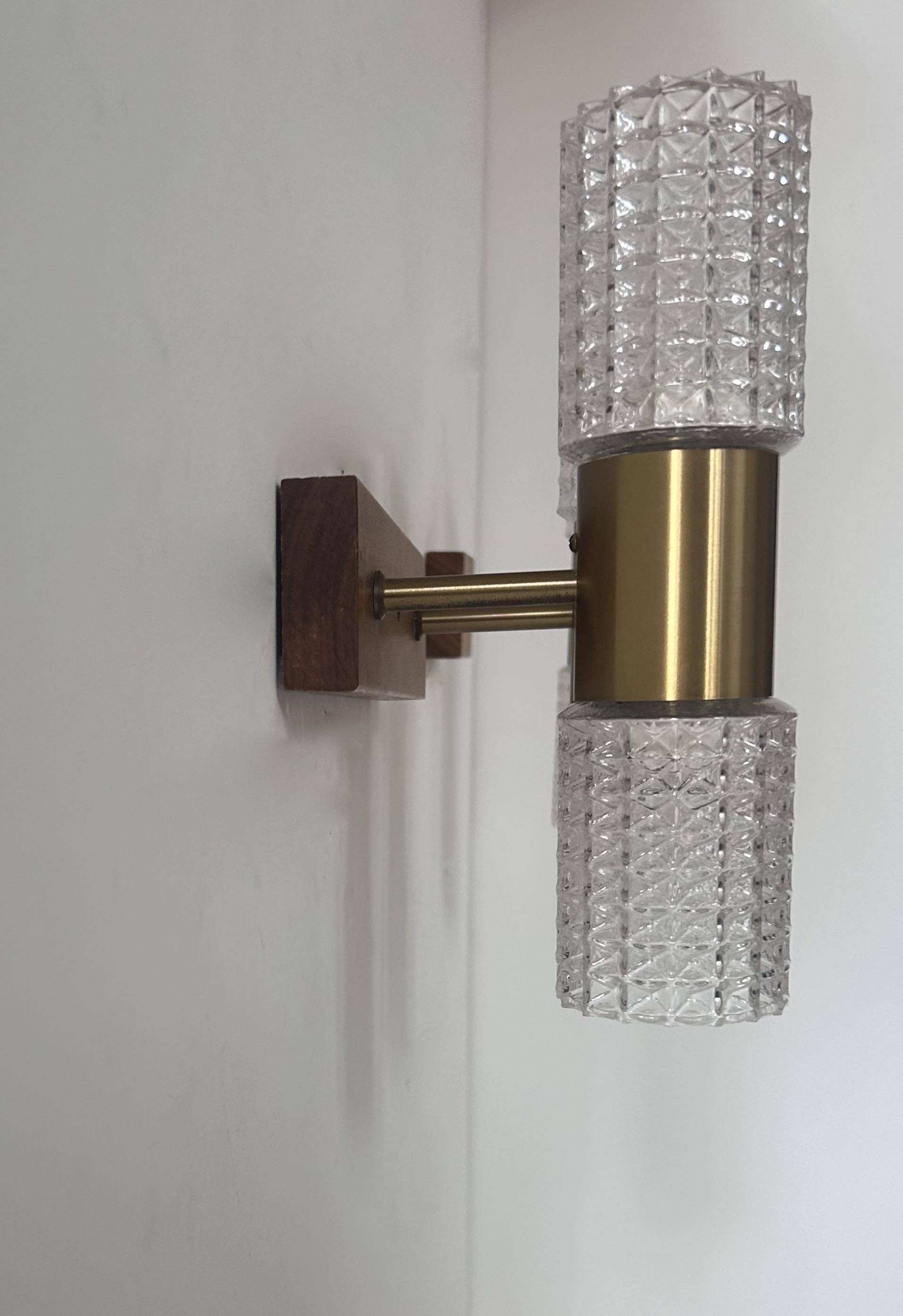 Pair of vintage wall lights, brass and molded glass, Sweden 1960s