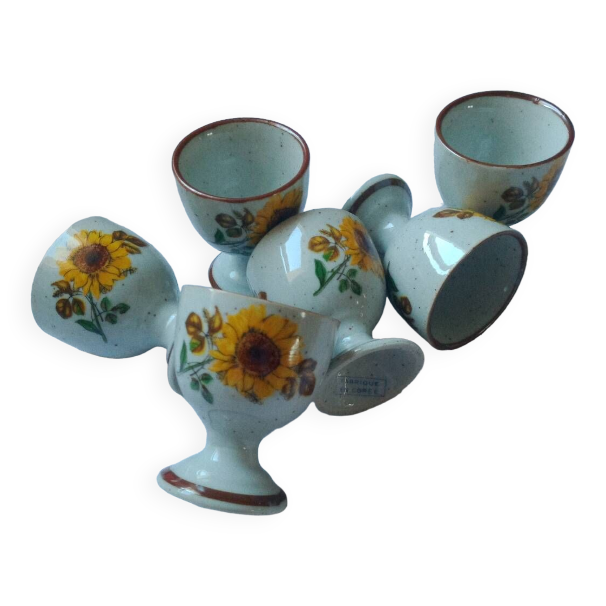 Stoneware egg cups screen printed with sunflowers