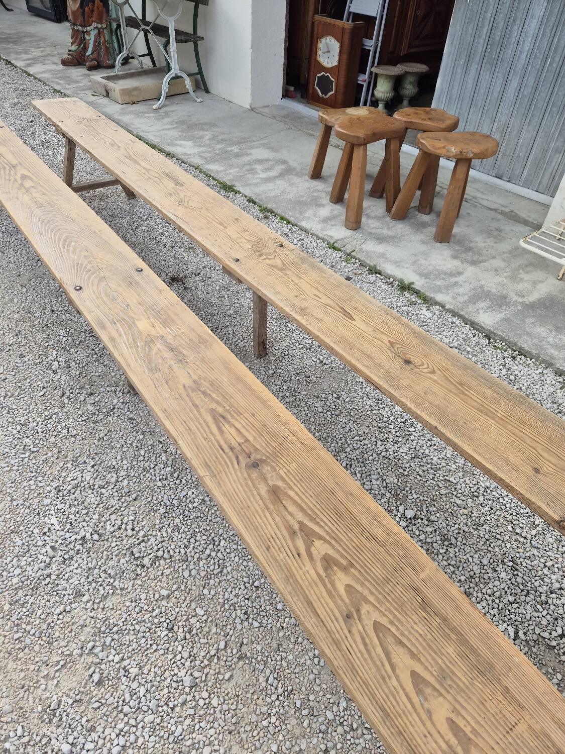 Pair of rustic oak and fir farmhouse benches 1900s - 3m85