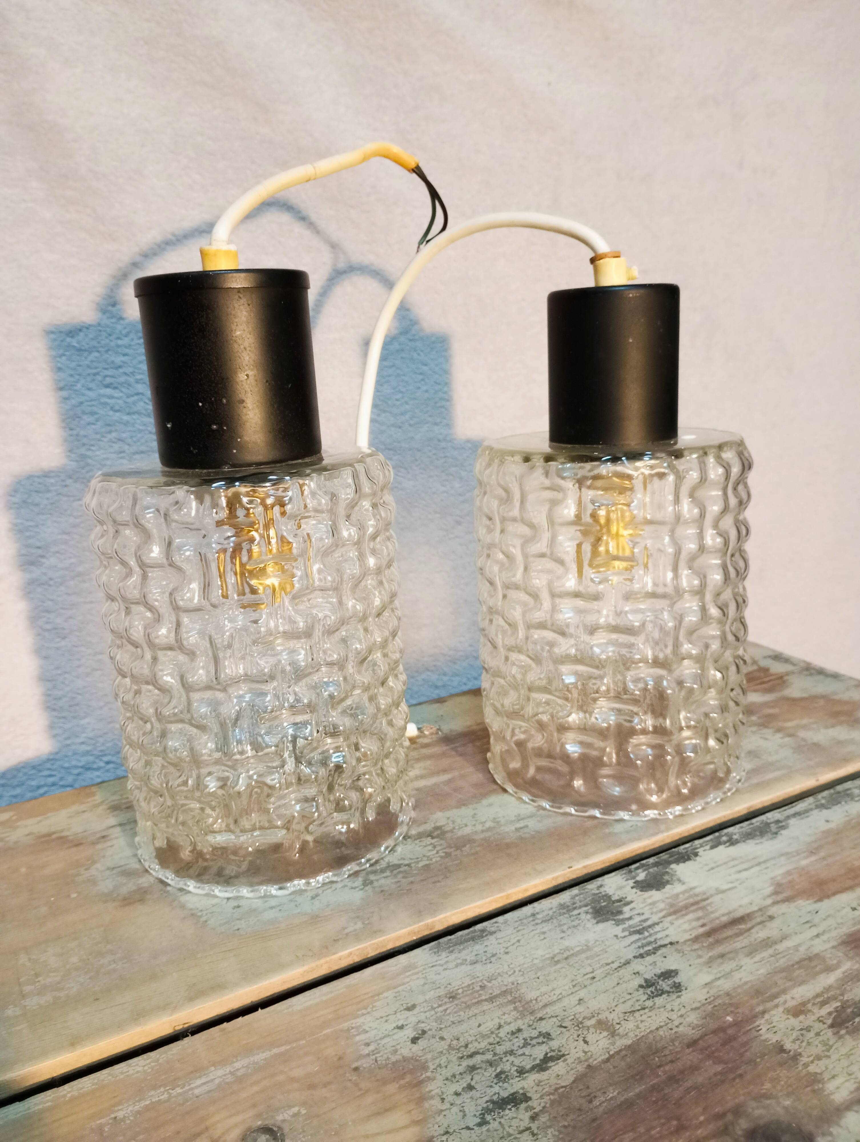 Pair of hanging lamps, glass and metal portable lamps