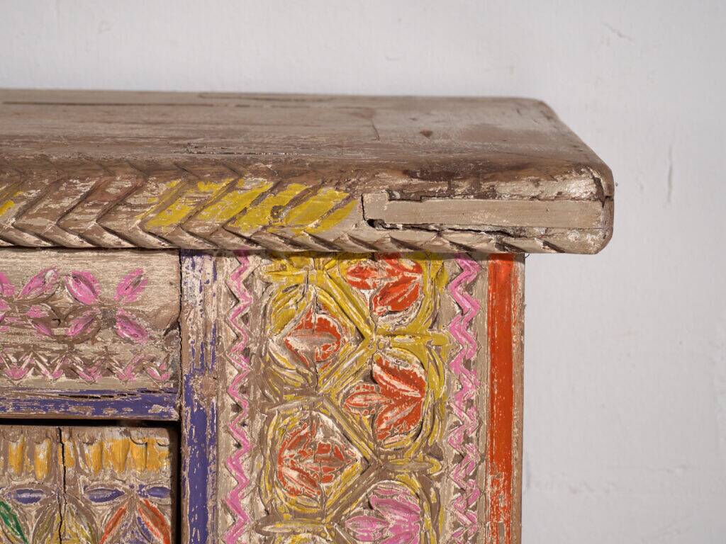 Antique polychrome carved low cabinet in pine – Xinjiang, circa 1900