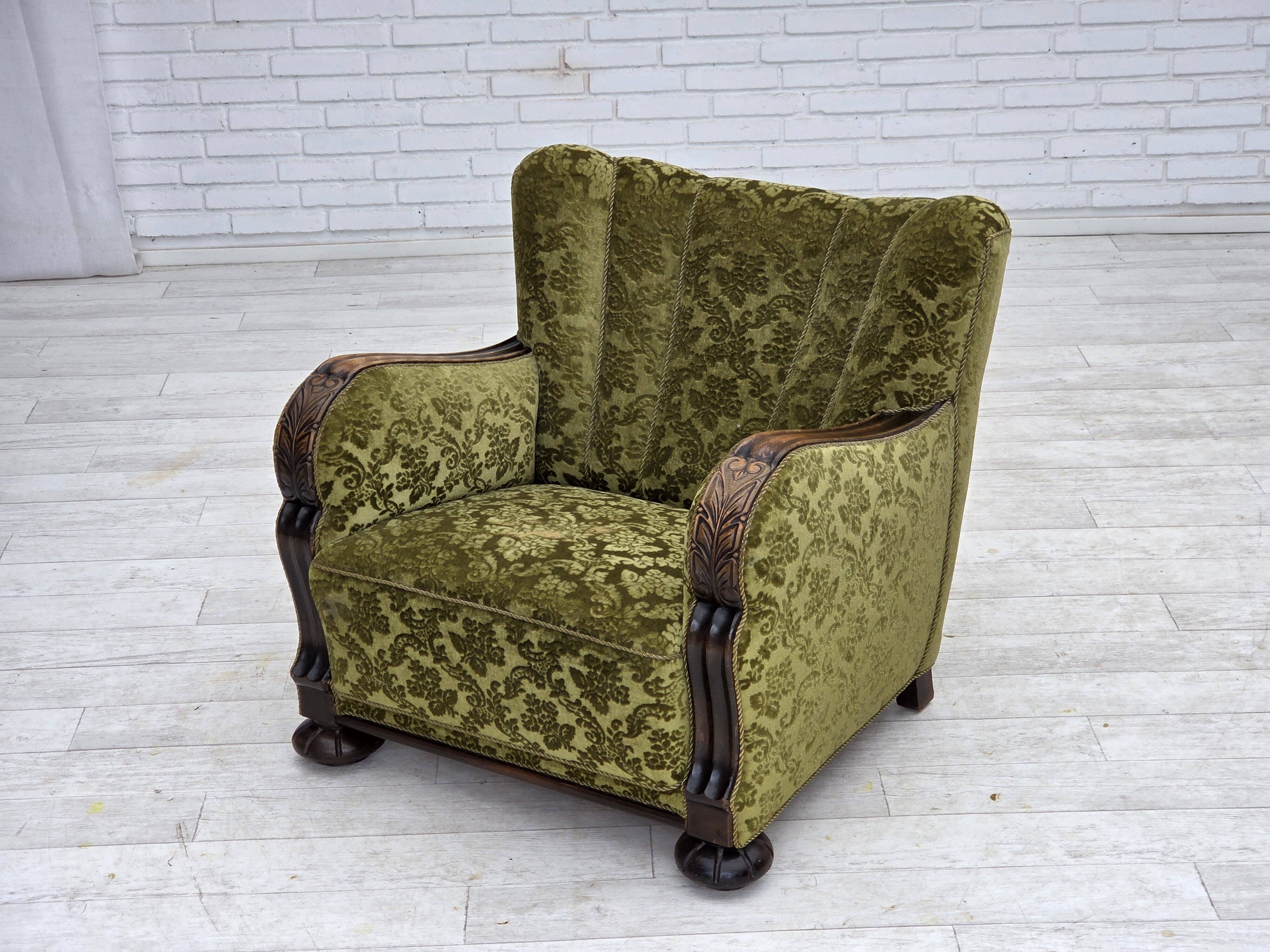 1950s, Danish relax chair, furniture velour, oak wood.