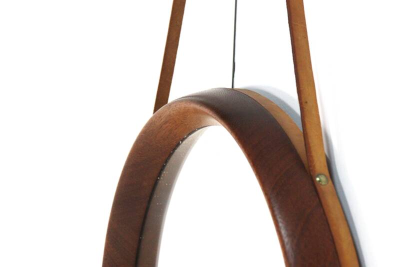 Round teak danish mirror with leather strap