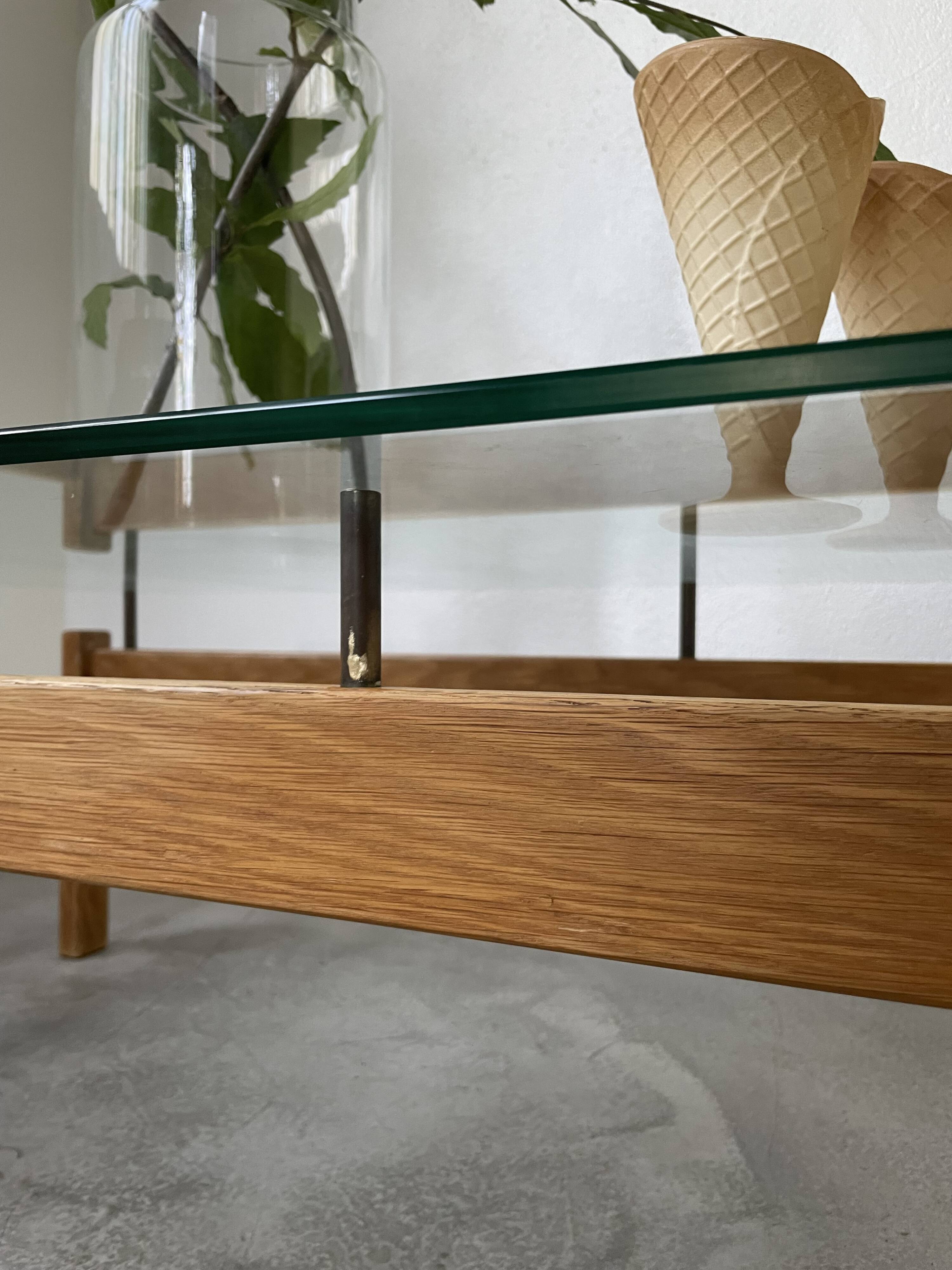 Table scandinave teck blond et verre 60