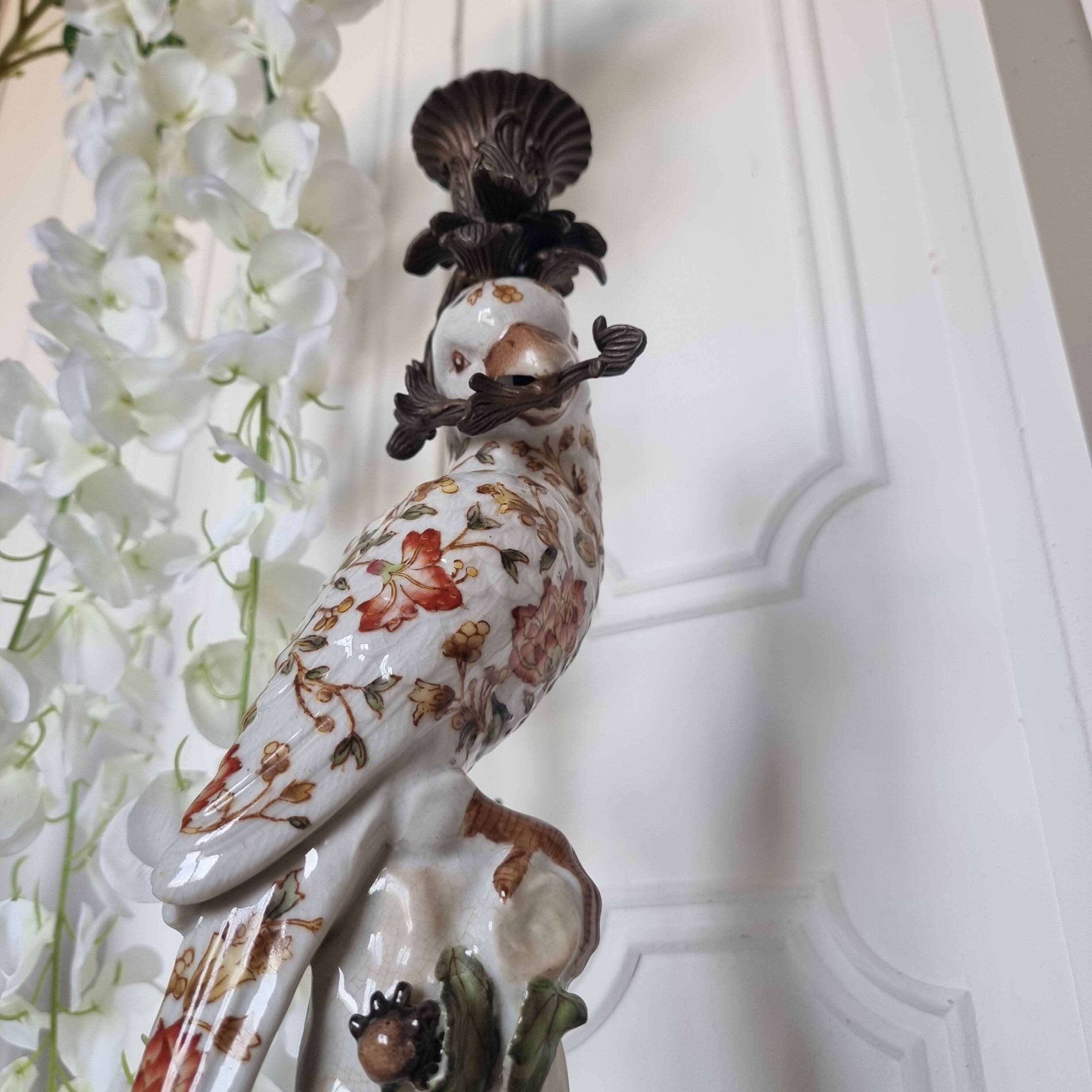 Parrot Candle Holder, Enameled Porcelain and Bronze, Late 19th Century