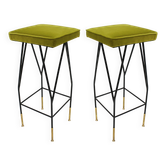 Italian Mid-Century Modern Square Black Lacquered Iron Lime Cotton Stools