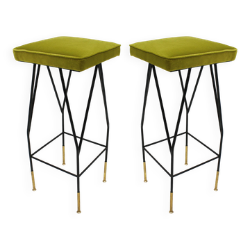 Tabourets en fer laqué noir lime en coton de style italien mi-siècle modernes carrés