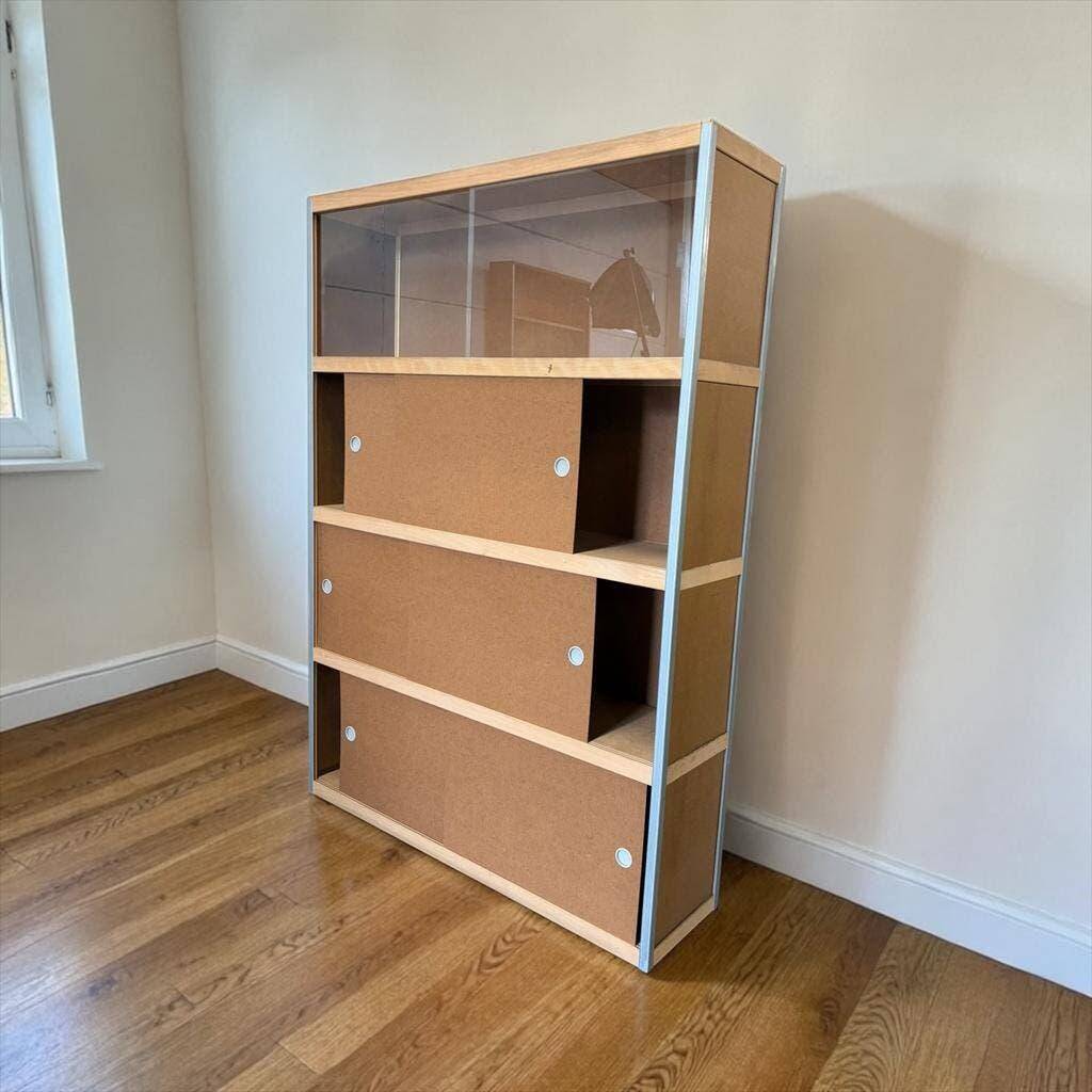 Vintage Kewlox brown shelving armoire / display cabinet