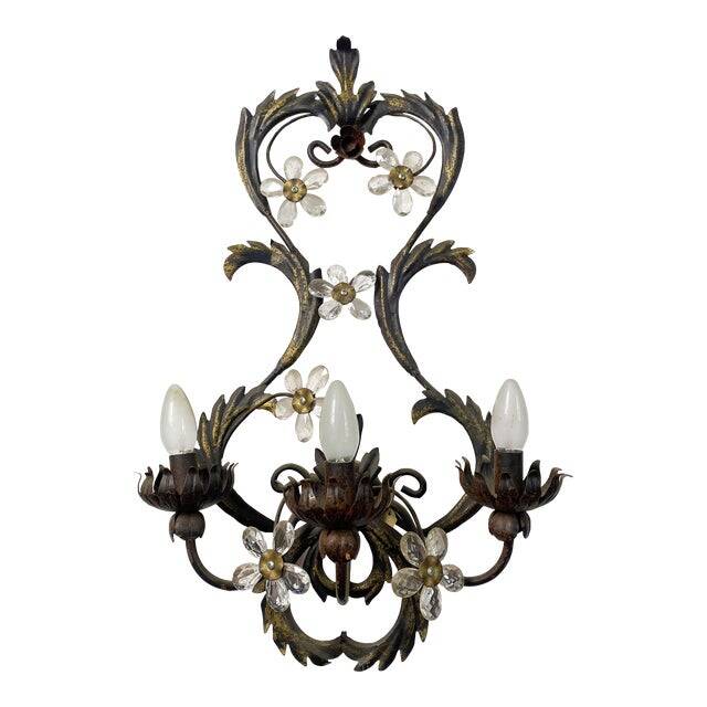 Contemporary brunito and rush florentine wrought iron wall lamp with floreal crystals