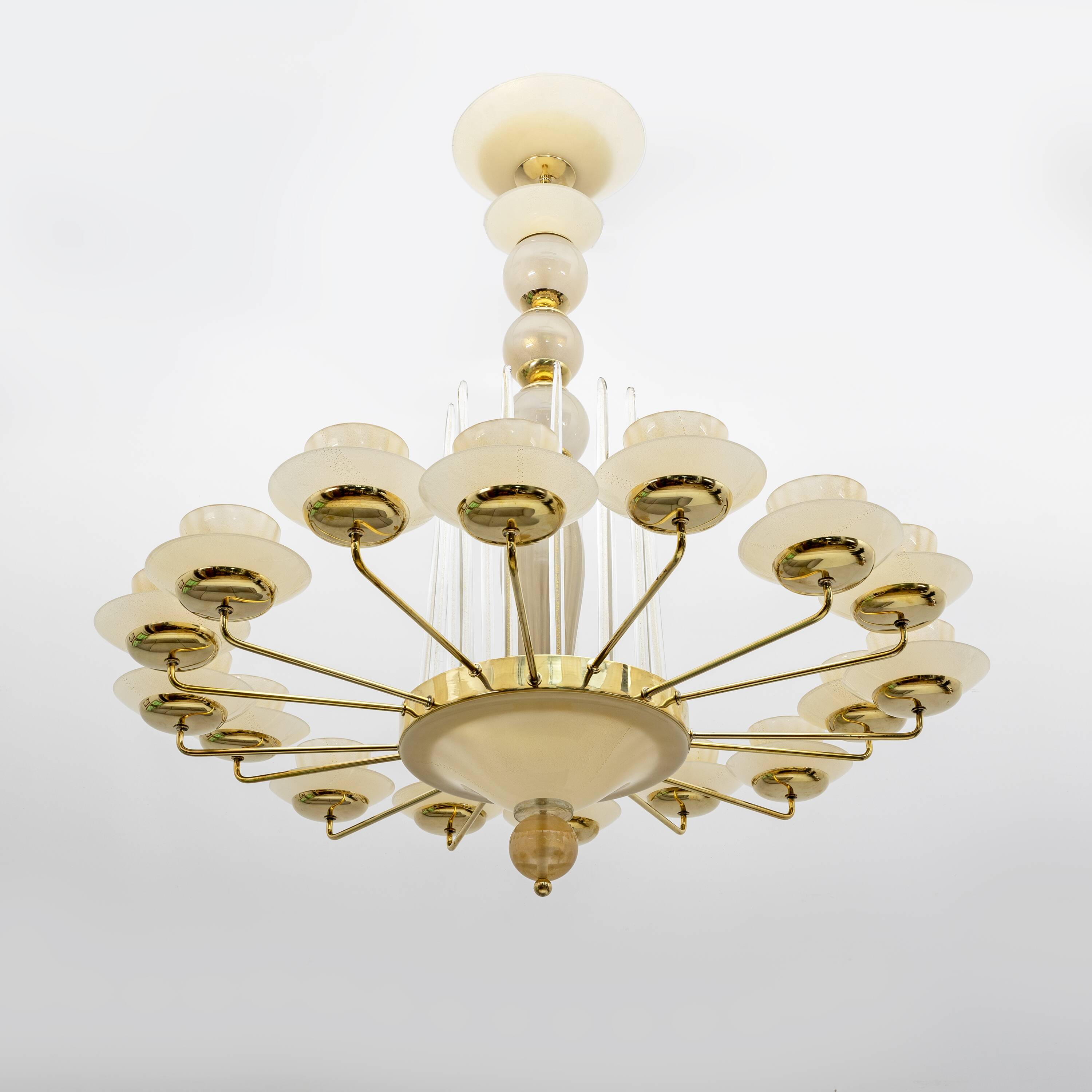 Mid Century Modern Style Brass and Murano Glass Big Chandelier