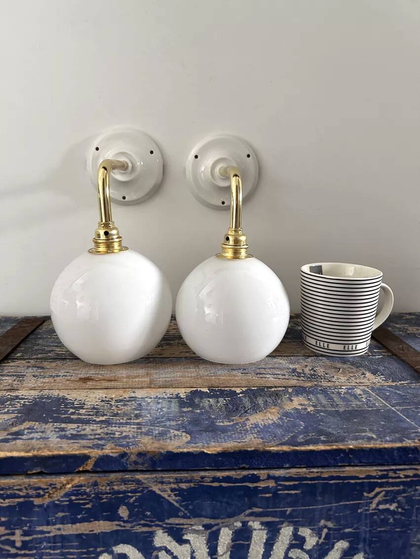 Pair of vintage white opaline wall lights