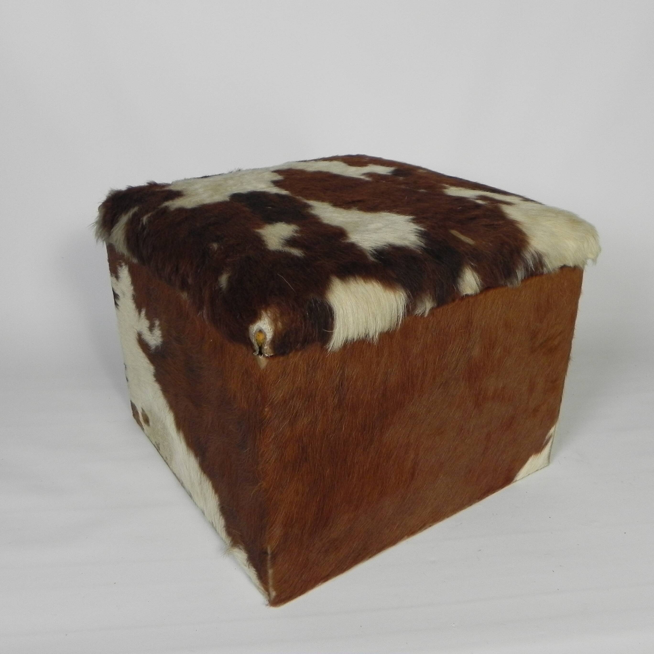 Vintage pouffe, storage chest upholstered in cowhide, Netherlands 1950s