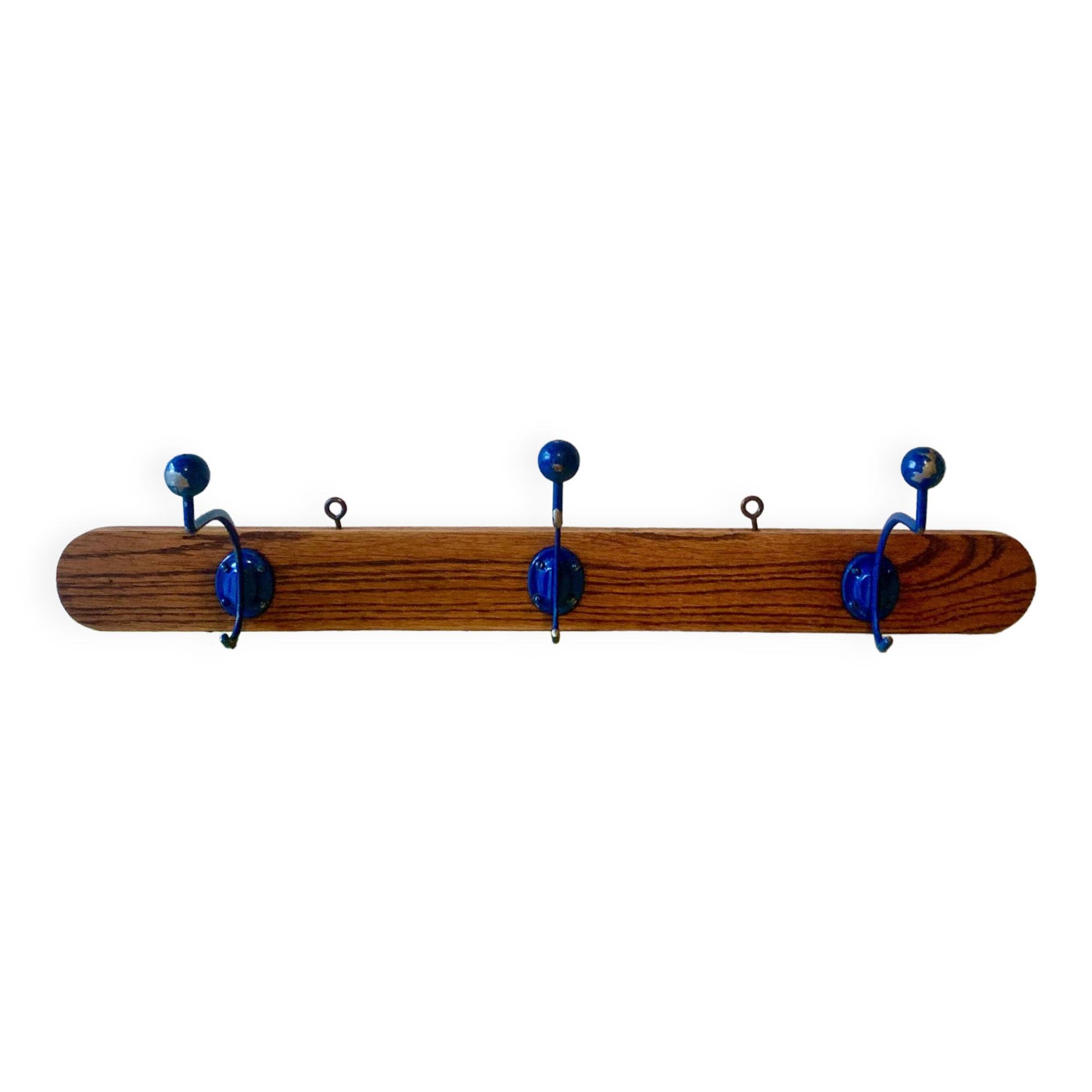 Vintage wooden wall coat rack - triple coat hook with blue metal balls