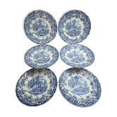 Set of 6 flat plates decorated with blue Toile de Jouy – Lunéville style / romantic countryside