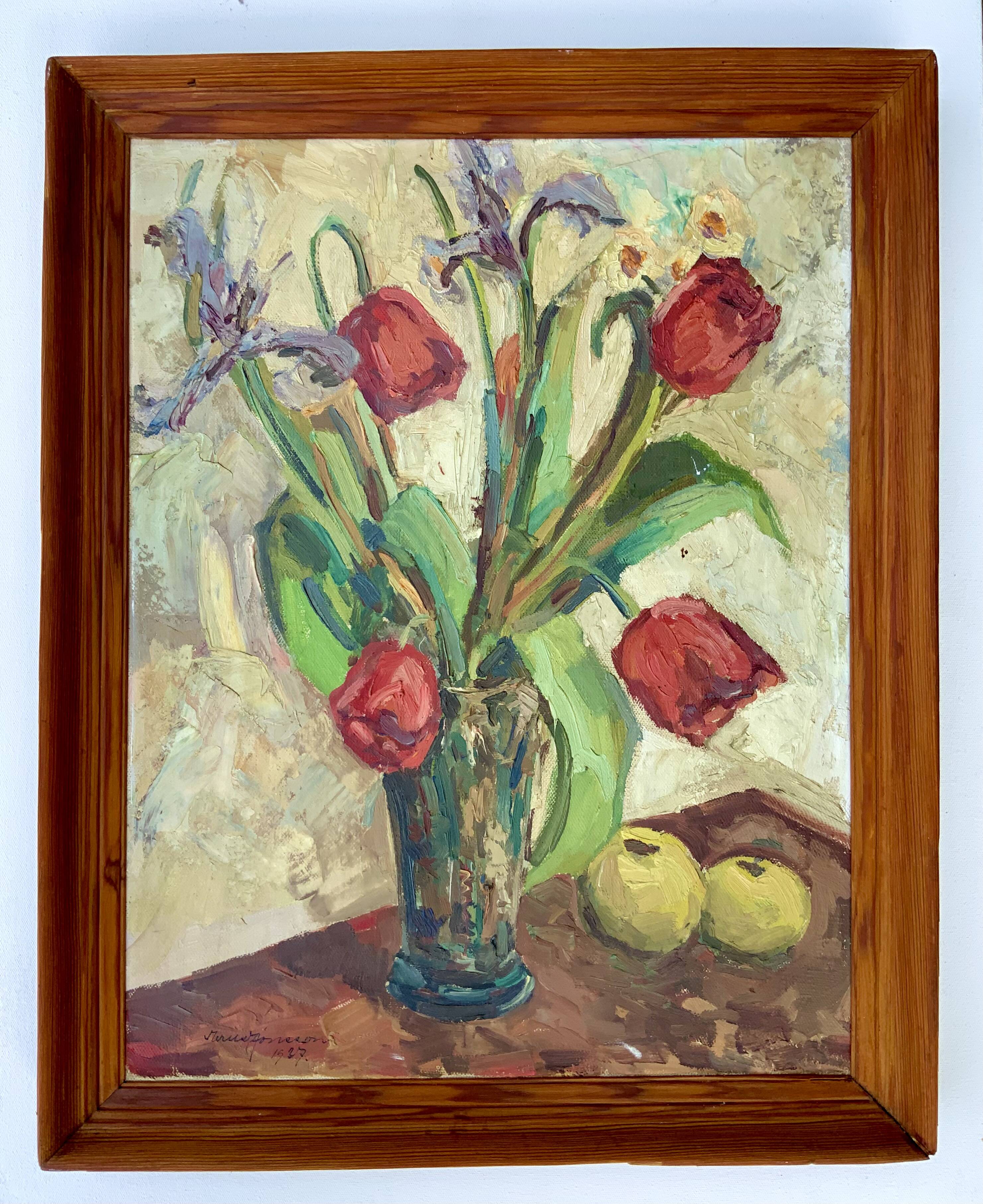Vintage Still life with Tulips and apple, Oil Painting signed by M. Jonsson