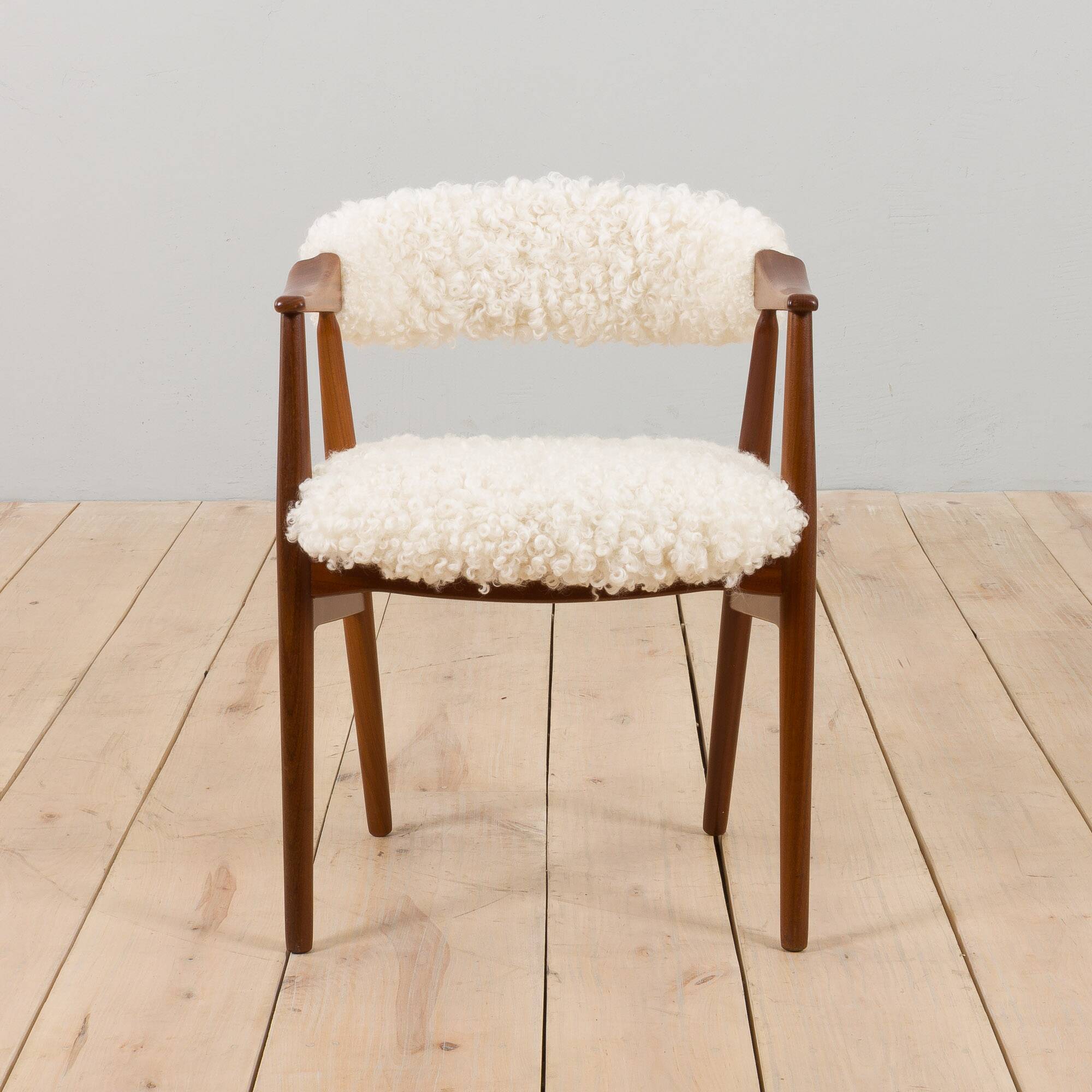 Th. Herlev, Farstrup solid teak chair in natural sheepskin upholstery, Denm