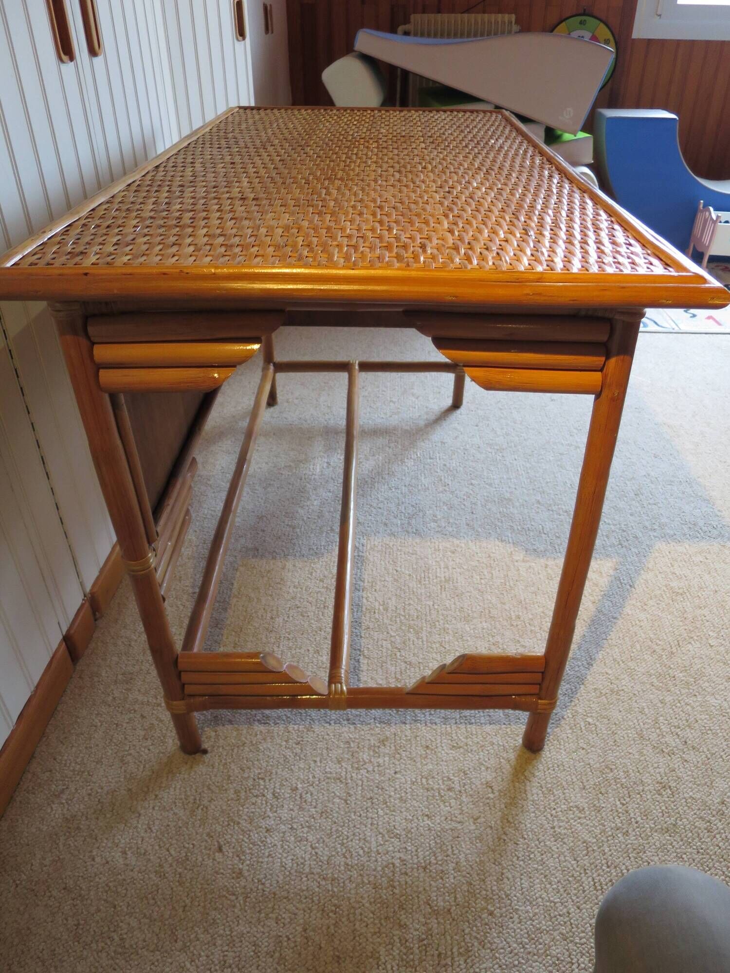 desk - wood-bamboo and woven wicker rattan - 2 drawers - large top - 80