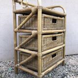 Pair of vintage bedside tables, with 3 drawers, bamboo and rattan
