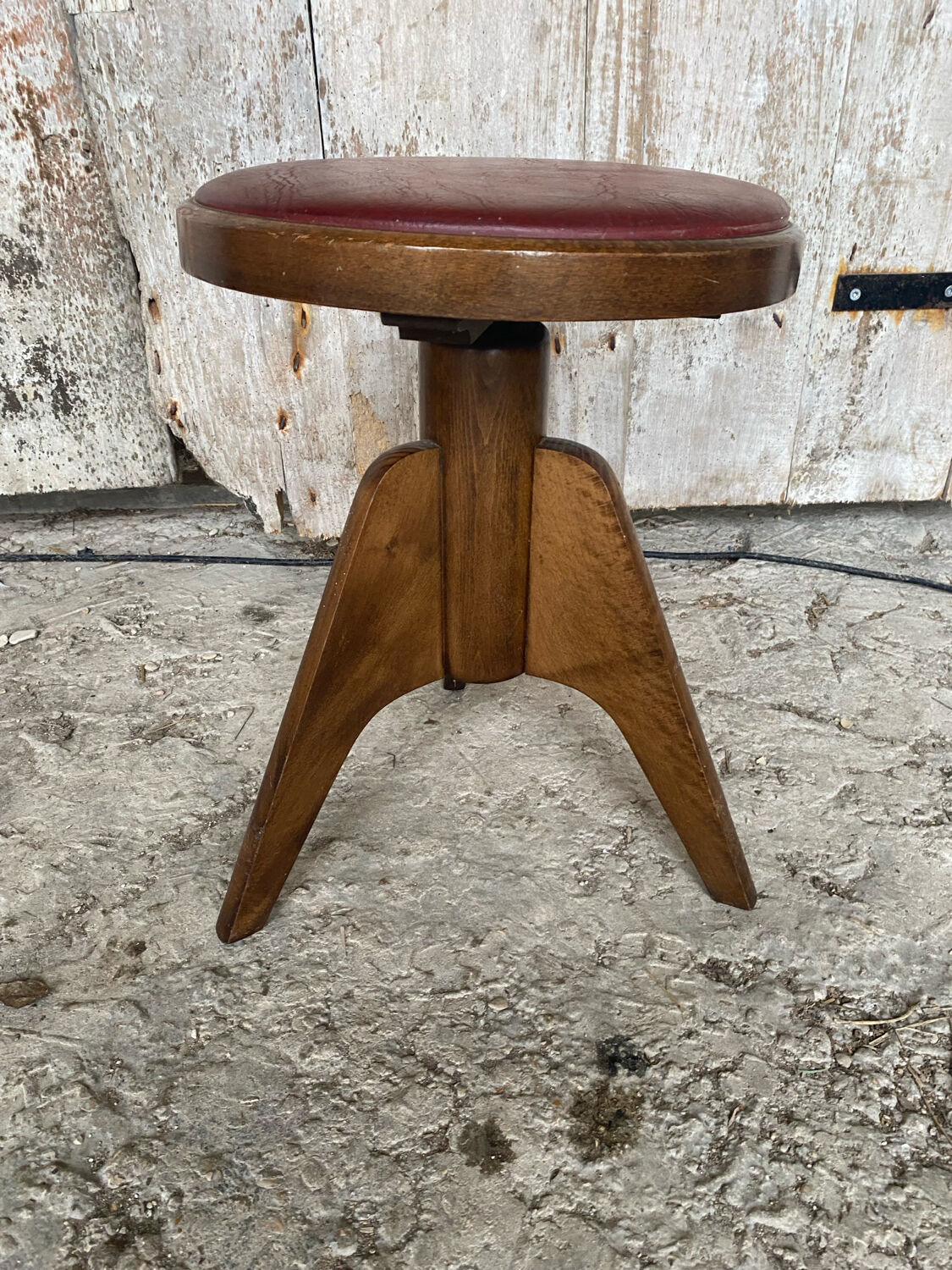 Vintage Red Leather Cushion Wooden Tripod Piano Stool