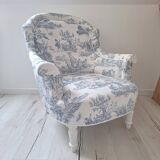 Fauteuil crapaud toile de Jouy bleu