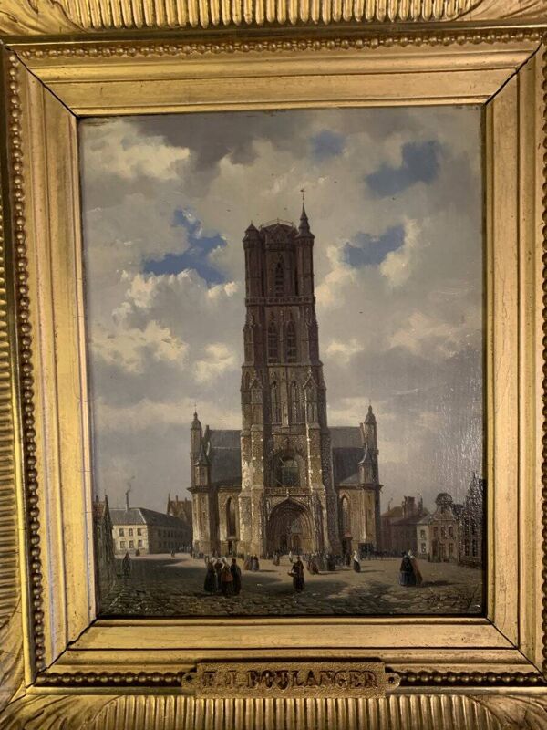 Huile sur panneau, vue de la cathédrale Saint-Bavon de Gand, F. Boulanger