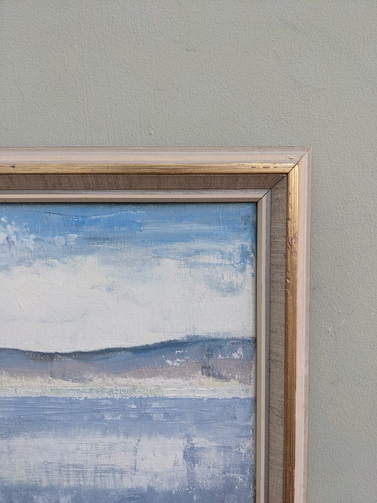 Vintage mid century framed oil painting, abstract coastal landscape - icy winter