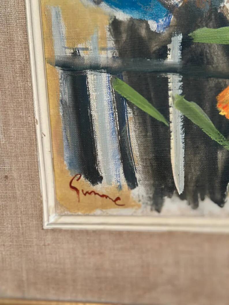 Swedish Original Oil on Canvas – "Figure Near a Flower Fence" by Carl Gunne – Signed – Vintage and Framed – 69.5 × 48 cm (27.4" × 18.9")