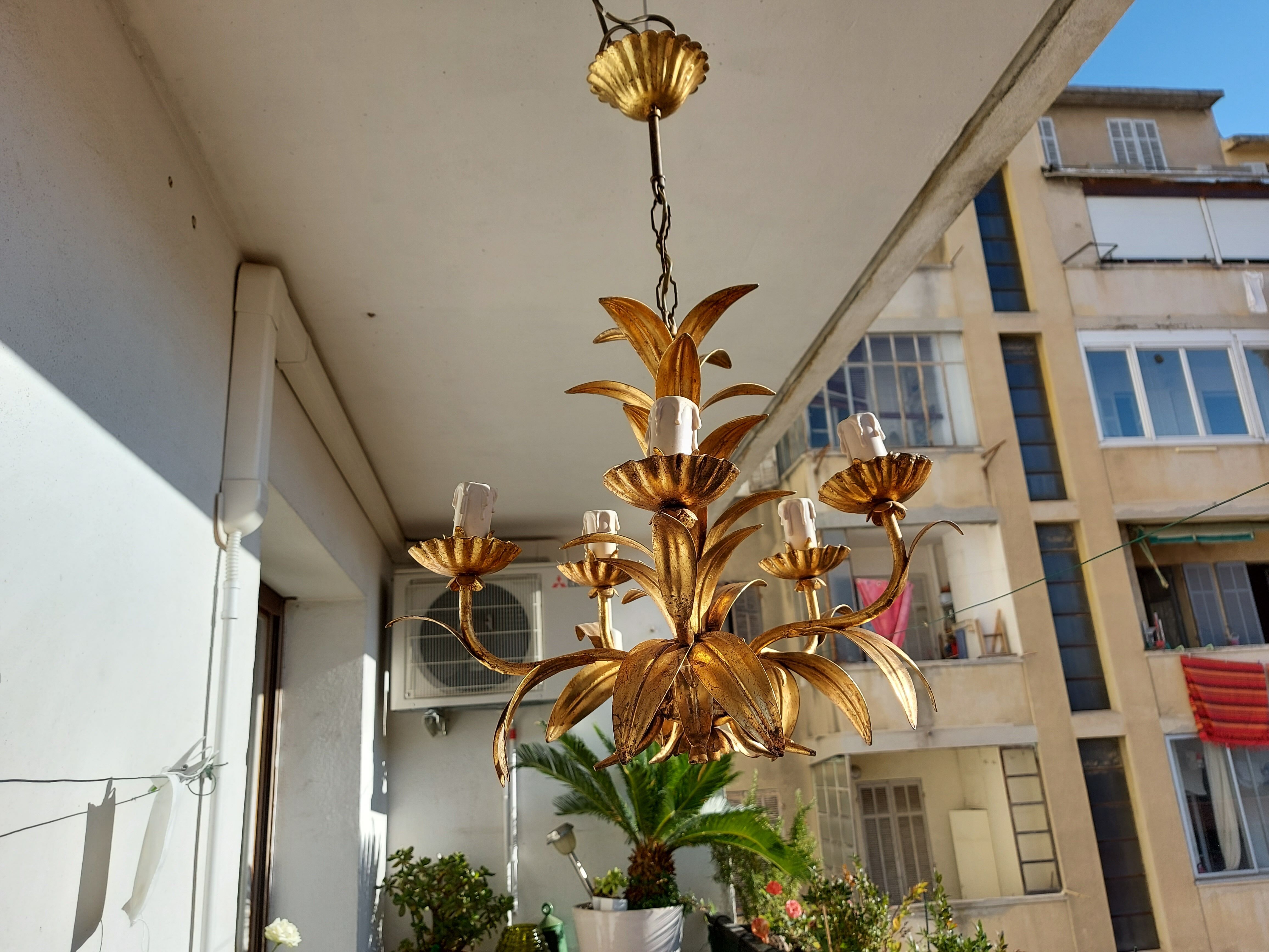 Chandelier gilded metal leaves by Hans Kogl, 1970's