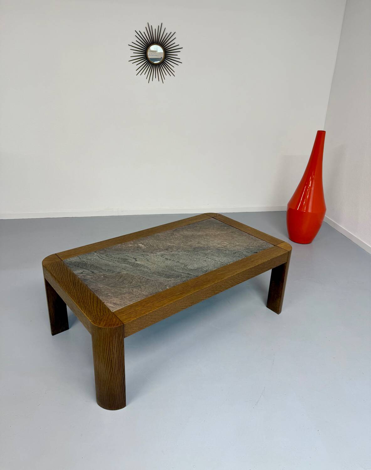 Old coffee table in wood and granite stone, vintage design from the 70s
