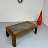 Old coffee table in wood and granite stone, vintage design from the 70s