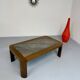 Old coffee table in wood and granite stone, vintage design from the 70s