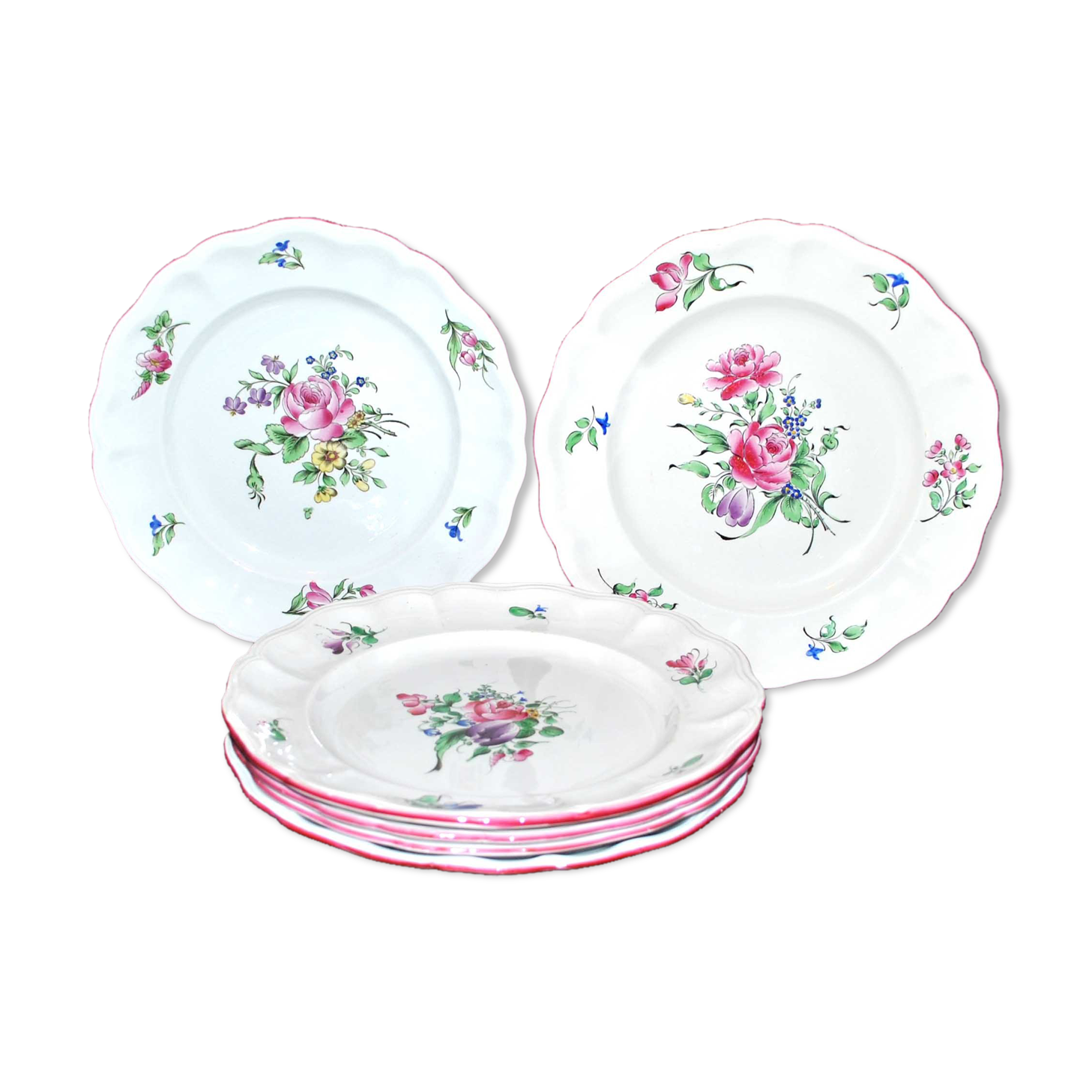 Set of 6 flat plates in Lunéville earthenware - Lamppost model with painted roses