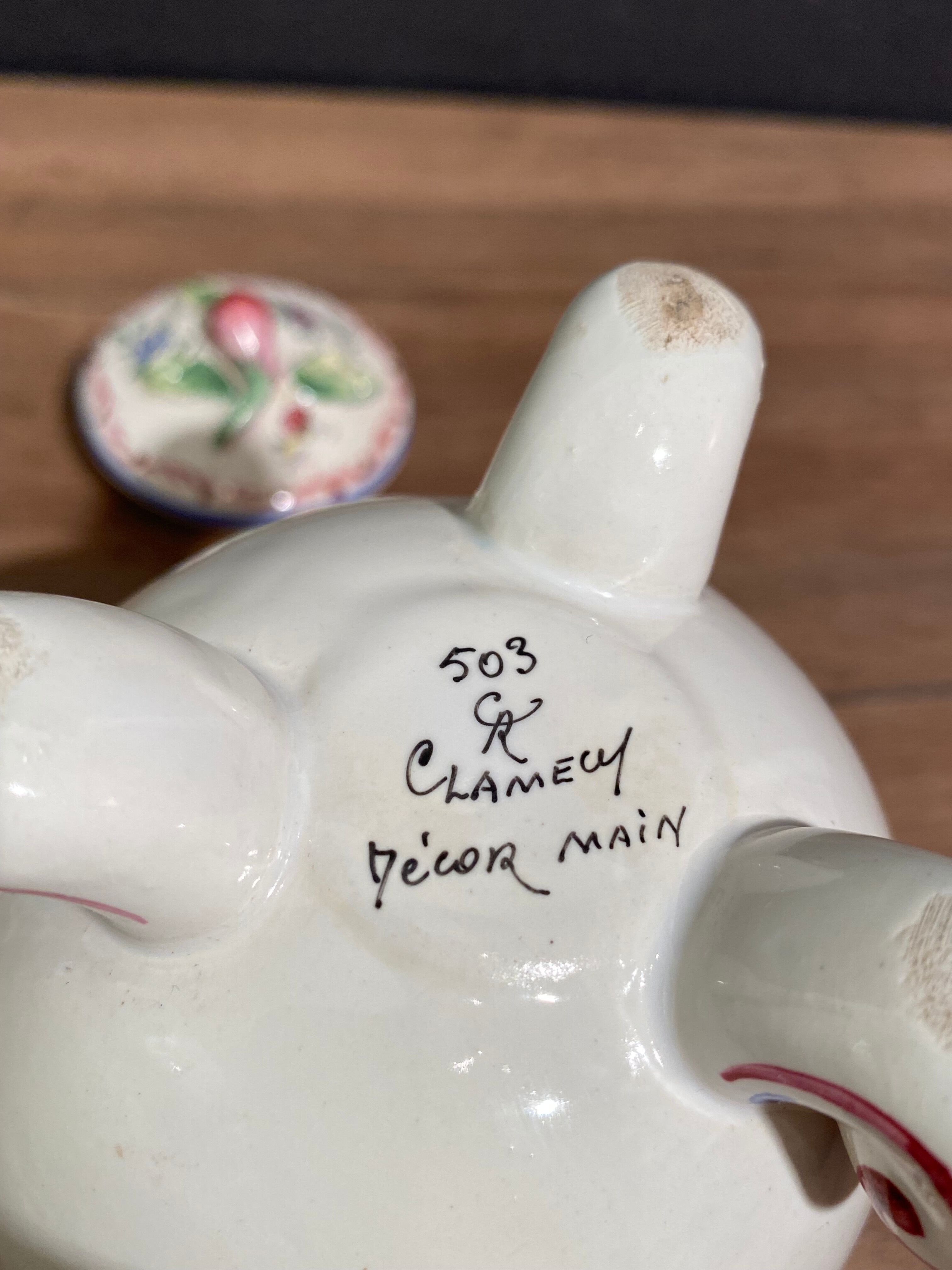 Clamecy earthenware chocolate pourer with polychrome floral decoration