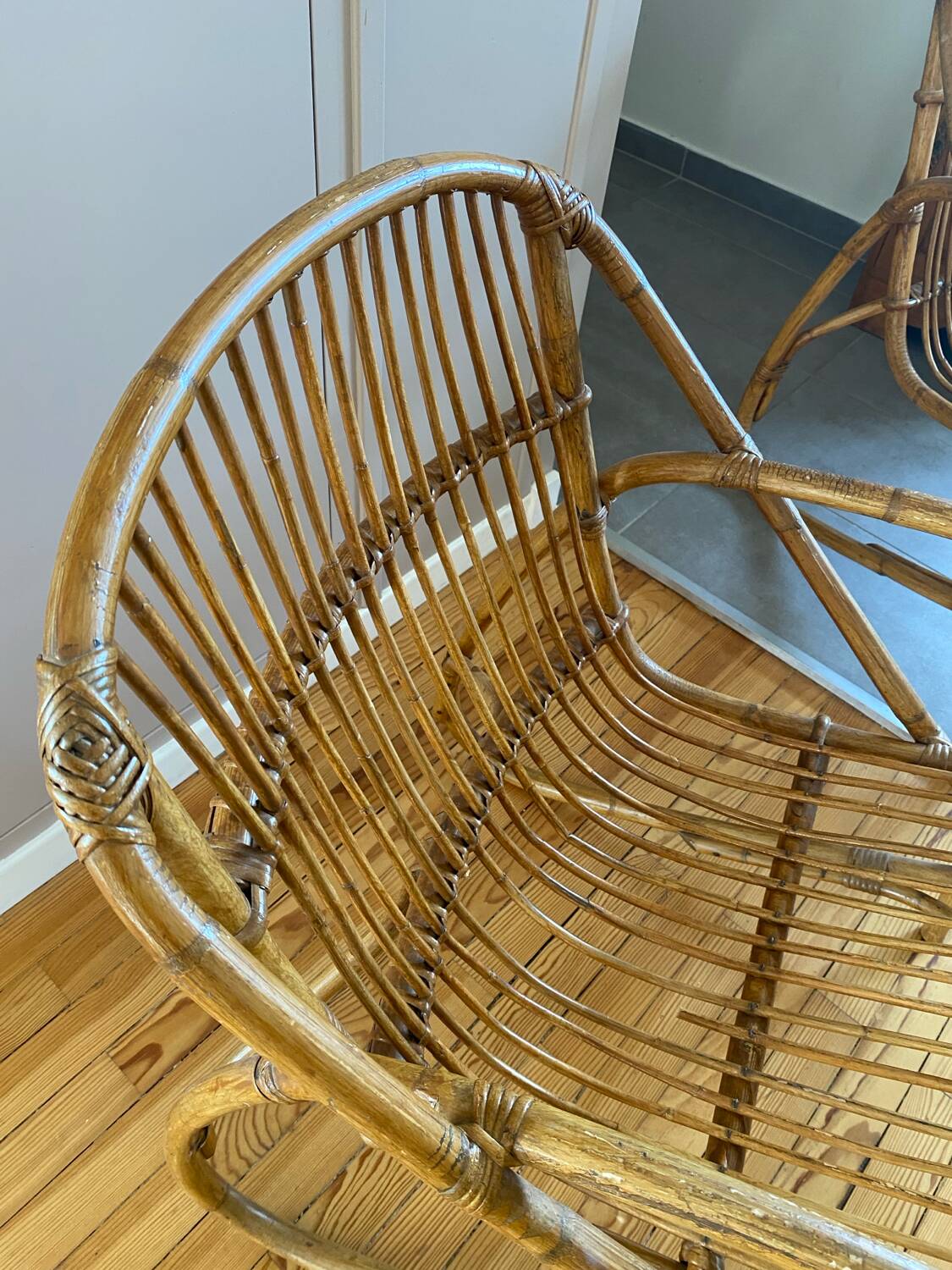 Rare pair of vintage rattan and wicker armchairs from the 1950s