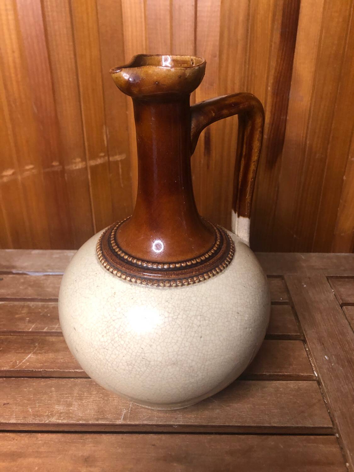 Old Vintage White & Brown Cracked Ceramic Pitcher