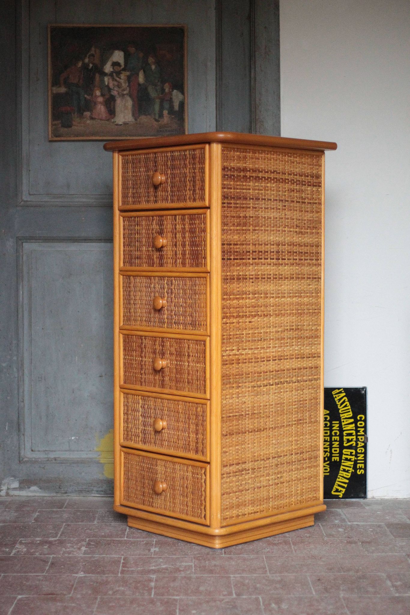 Vintage chest of drawers, Maugrion rattan weekly organizer for Roche Bobois