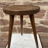 Brutalist rustic tripod farm stool made of vintage wood