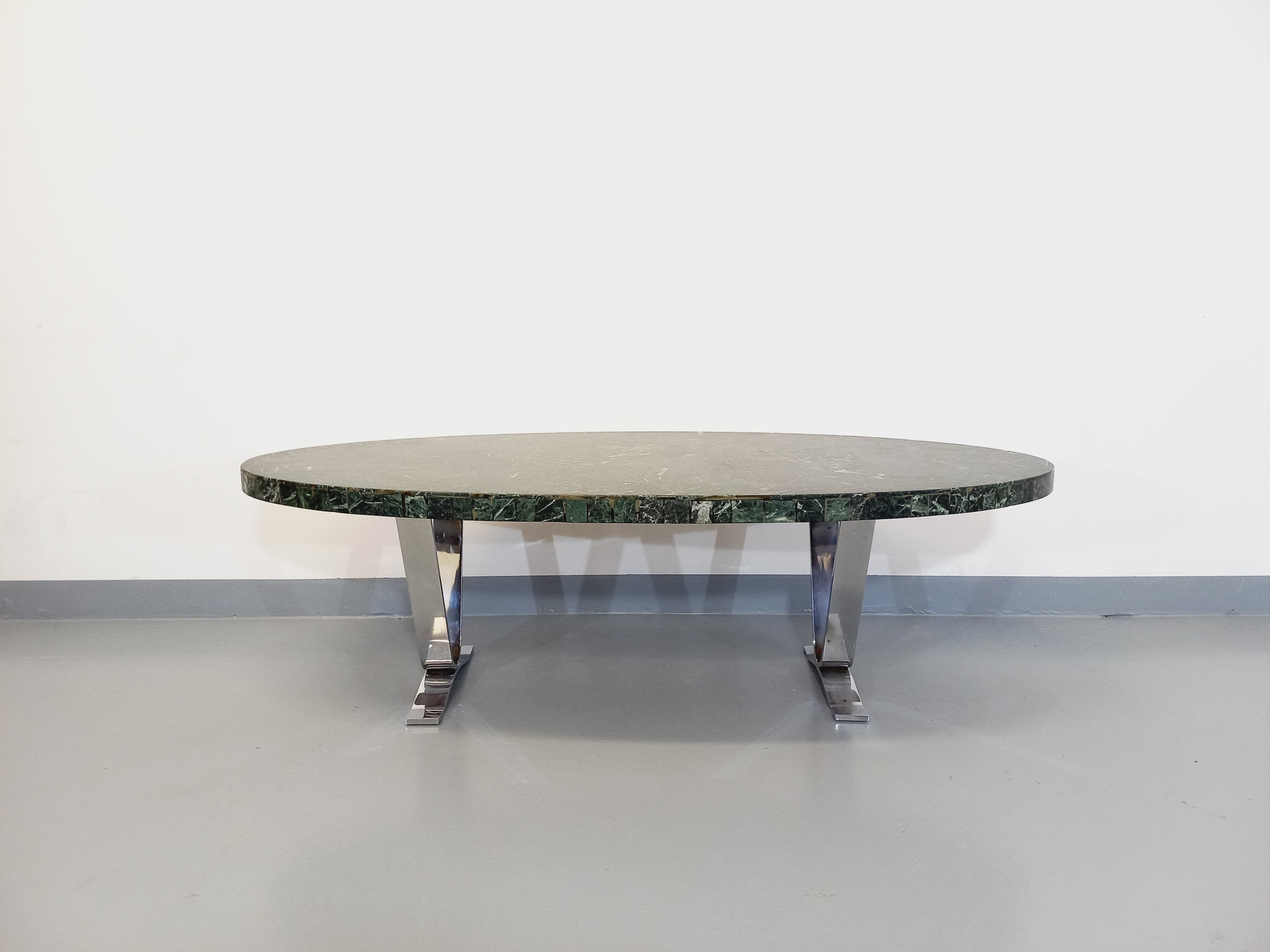 Vintage oval coffee table in stone and chromed metal from the 70s