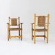 Ensemble de 2 fauteuils brutalistes espagnols en bois sculpté et tressé en jonc -