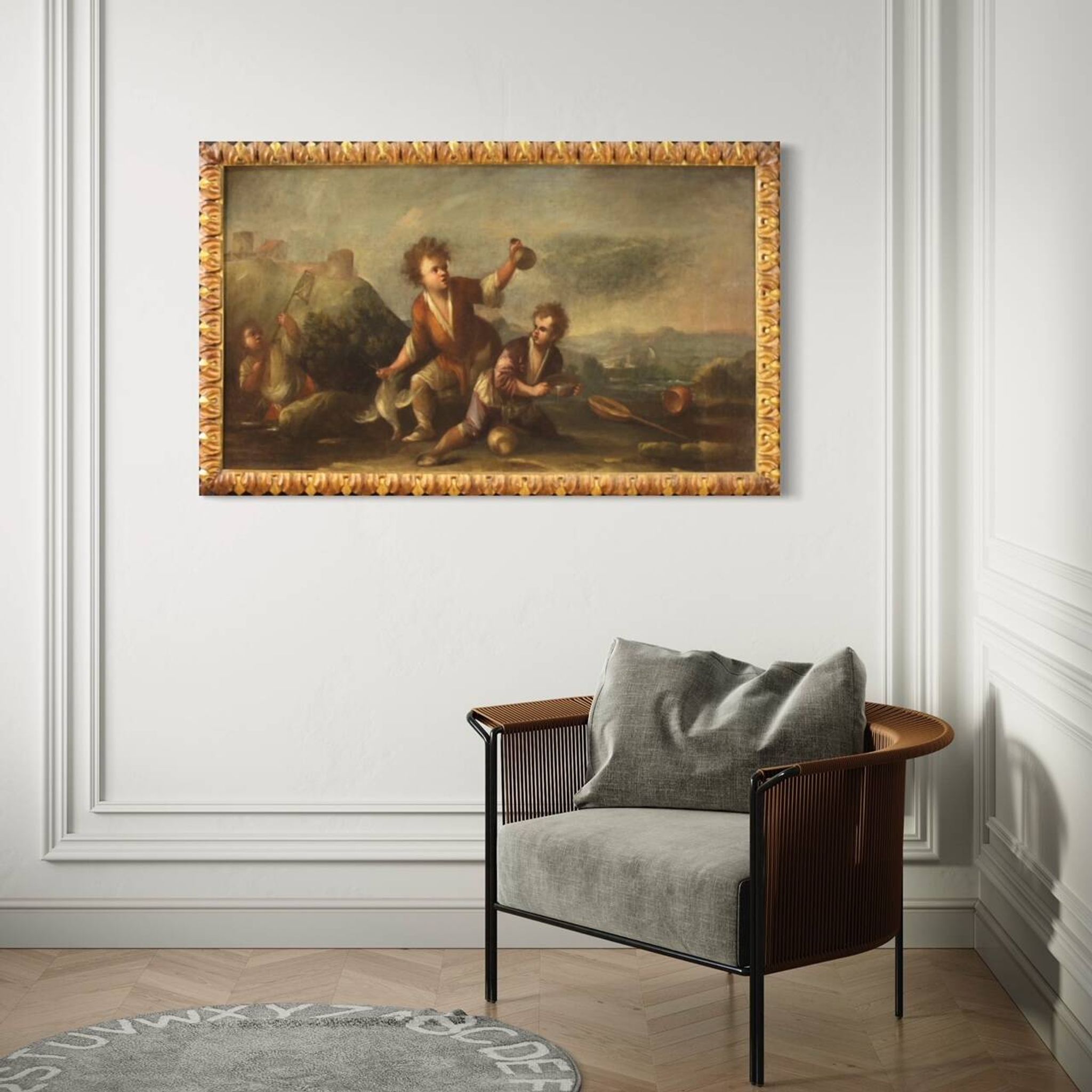 Painting oil on canvas landscape with children from the 18th century