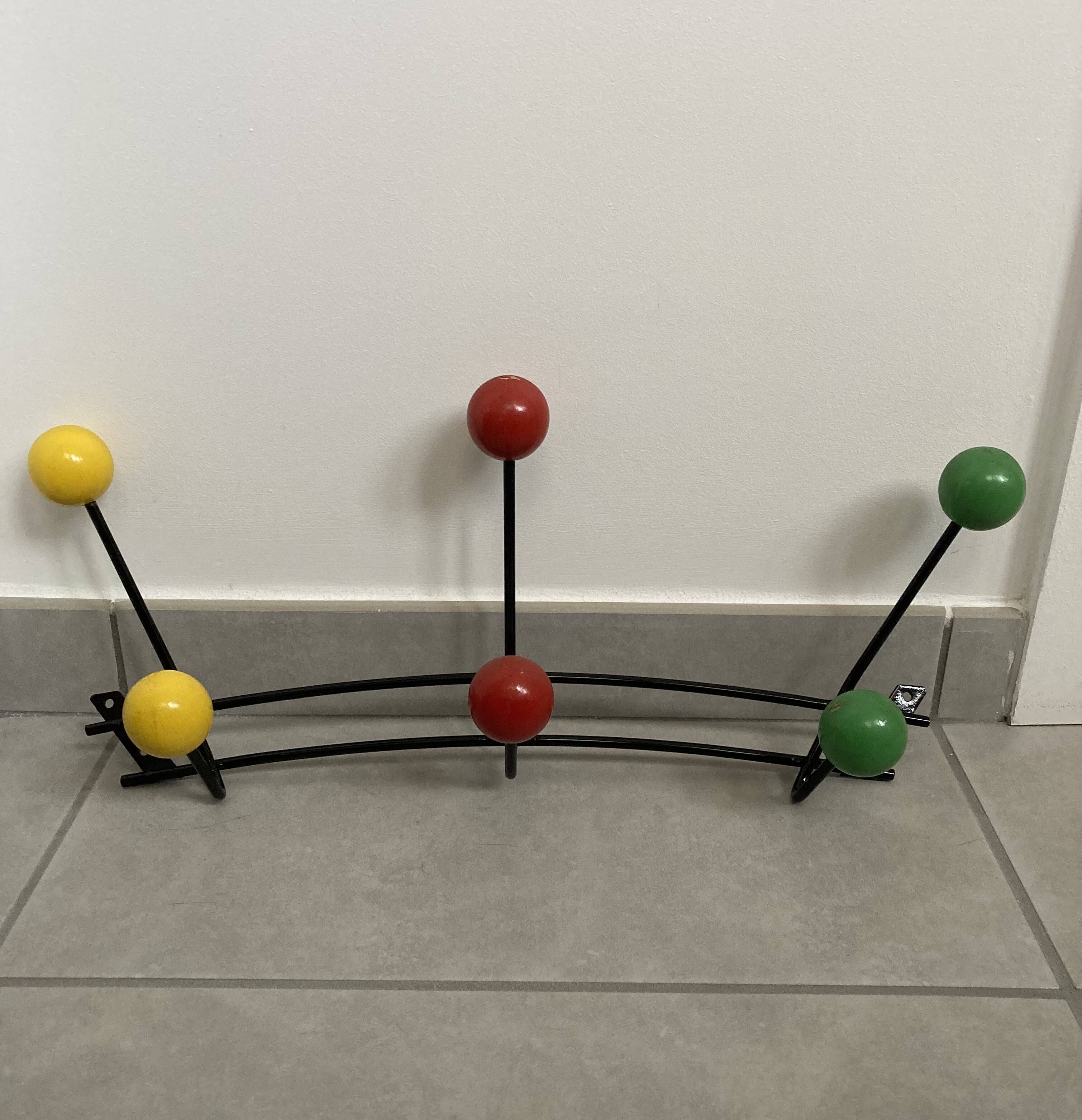 Metal coat rack with 6 wooden balls, 1950s-1960s