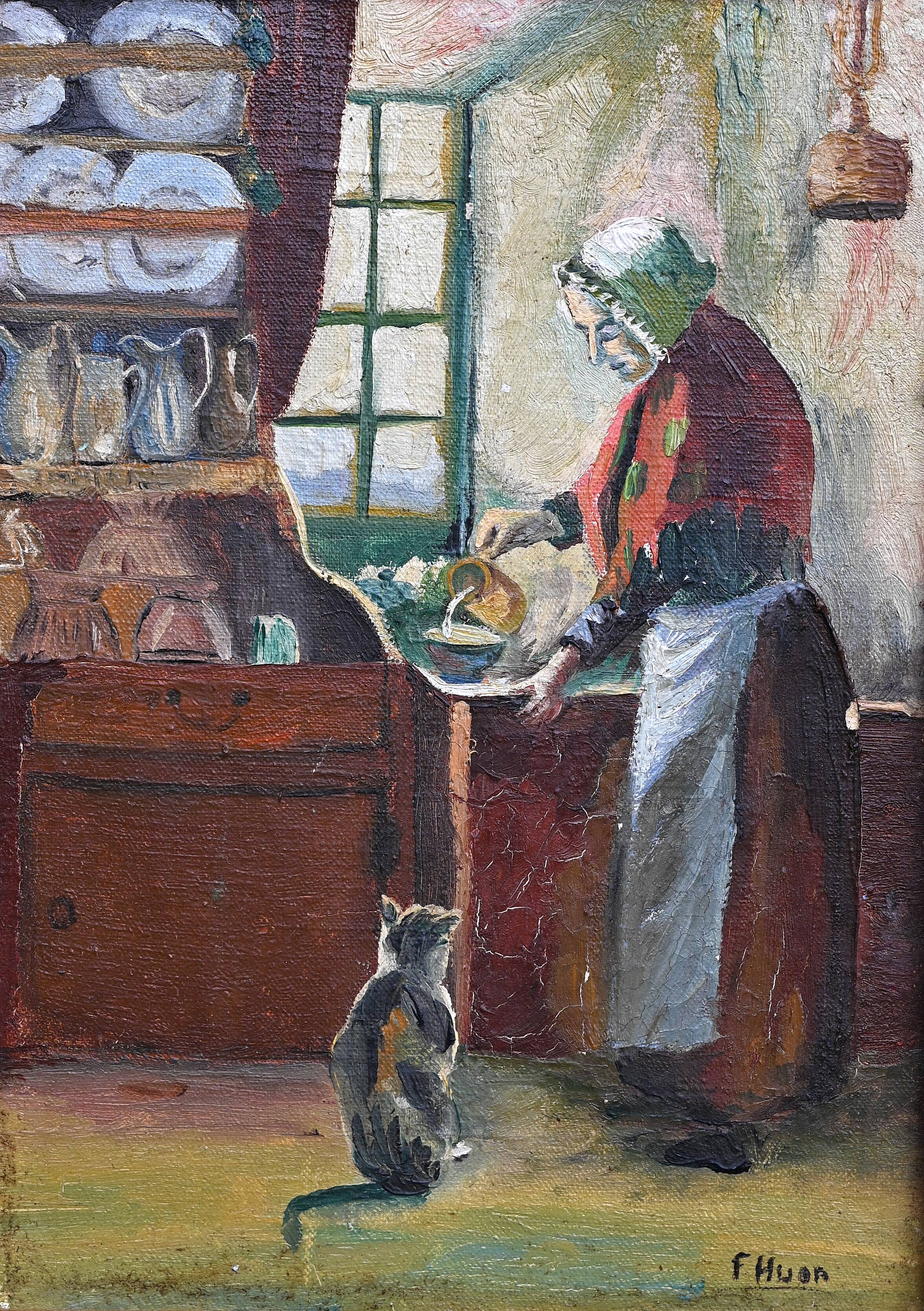 Tableau ancien laitière et chat scène de genre