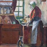 Old painting of a milkmaid and cat, genre scene