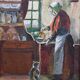 Tableau ancien laitière et chat scène de genre