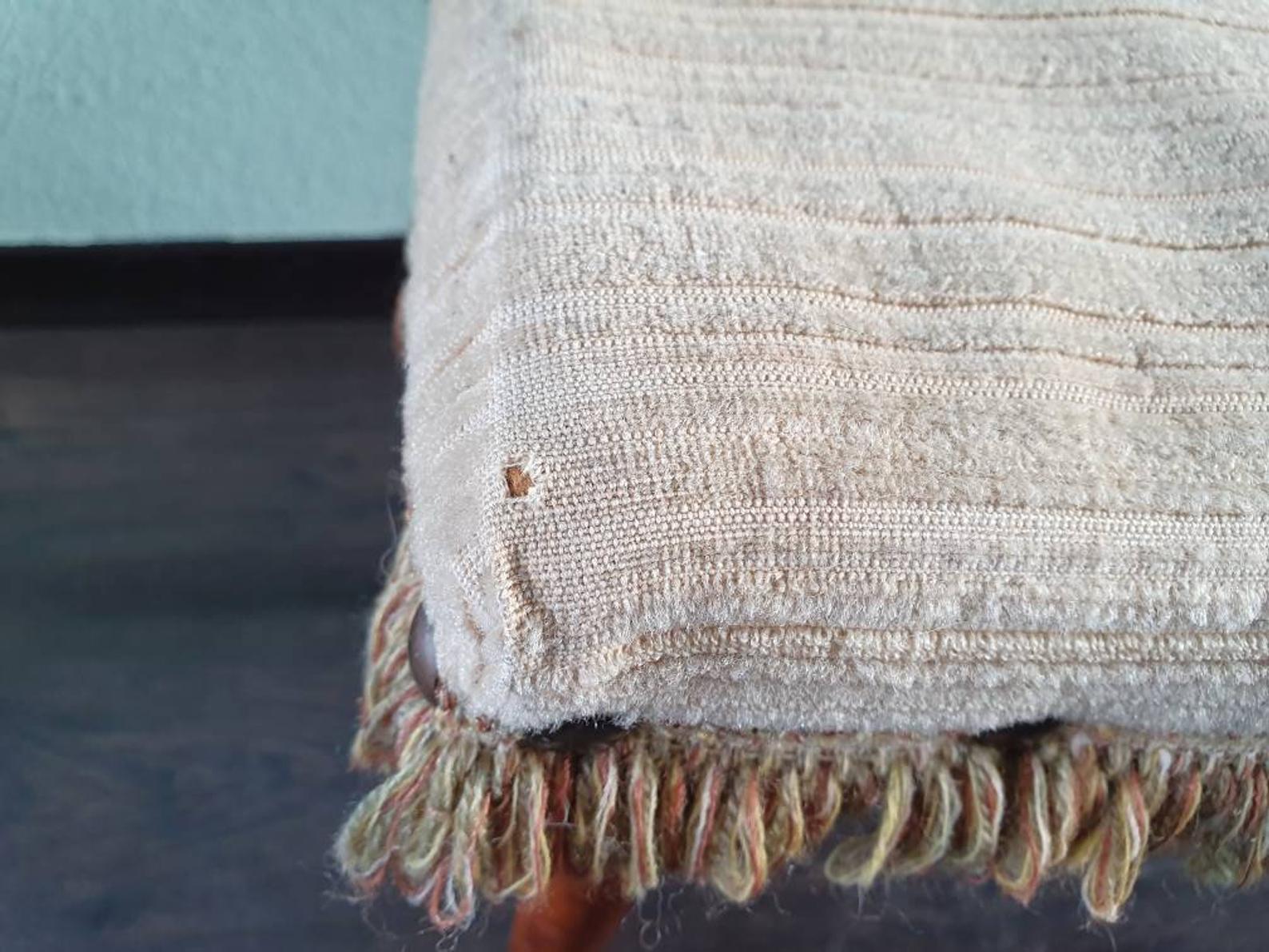 Vintage wooden footrest with 1970 fringed fabric coating